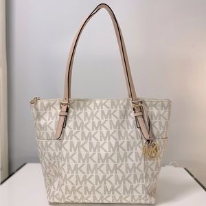 Michael Kors Beige/Off White Signature Coated Canvas Jet Set Tote